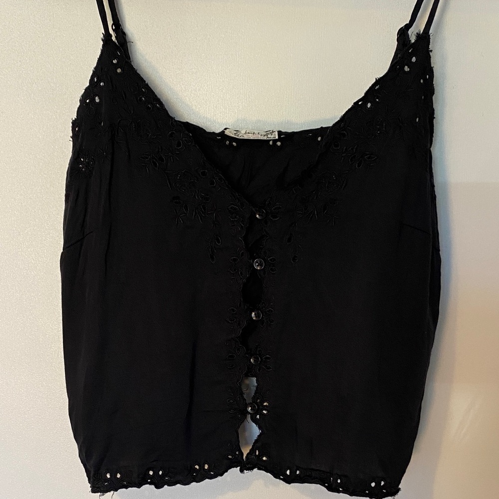 Free People Black Embroidered Button-Front Camisole